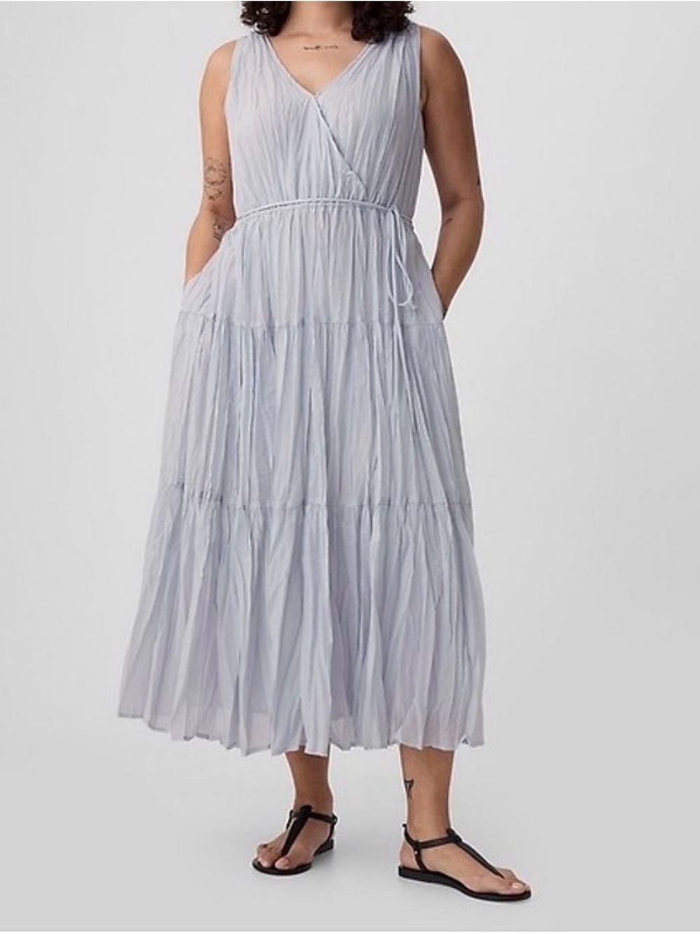GAP Light Blue Crinkle V‑Neck Tiered Maxi Dress Size XXL 20-22 Tall